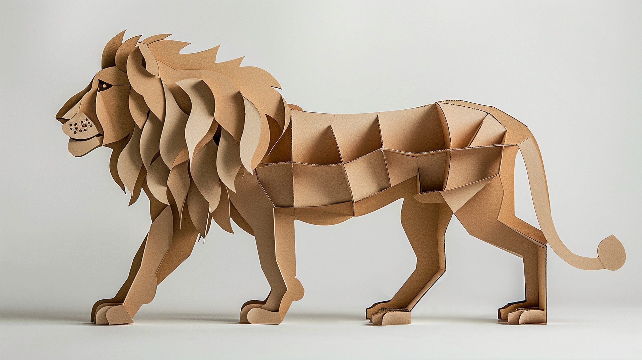 lion, simplistic 3d paper cut, white background, made of cardboard